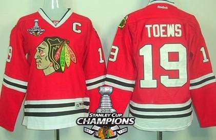 Chicago Blackhawks 19 Jonathan Toews Red Womens Jersey W2015 Stanley Cup Champion Patch