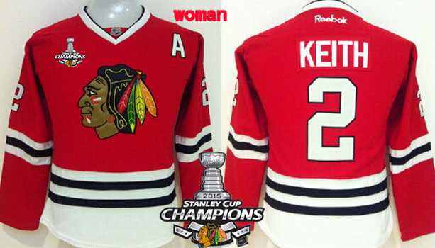 Chicago Blackhawks 2 Duncan Keith Red Womens Jersey W2015 Stanley Cup Champion Patch