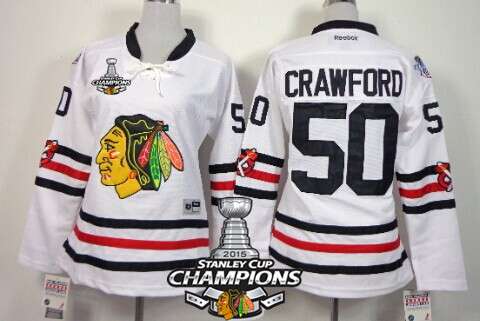 Chicago Blackhawks 50 Corey Crawford 2015 Winter Classic White Womens Jersey W2015 Stanley Cup Champion Patch