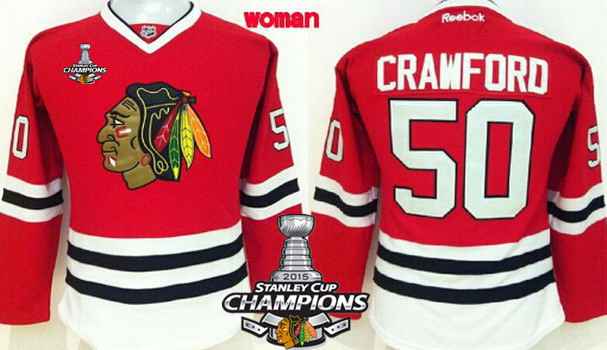Chicago Blackhawks 50 Corey Crawford Red Womens Jersey W2015 Stanley Cup Champion Patch