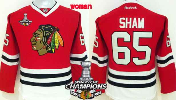 Chicago Blackhawks 65 Andrew Shaw Red Womens Jersey W2015 Stanley Cup Champion Patch