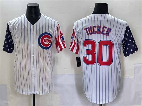 Chicago Cubs #30 Kyle Tucker White Pinstripe 2025 Independence Day Vapor Premier