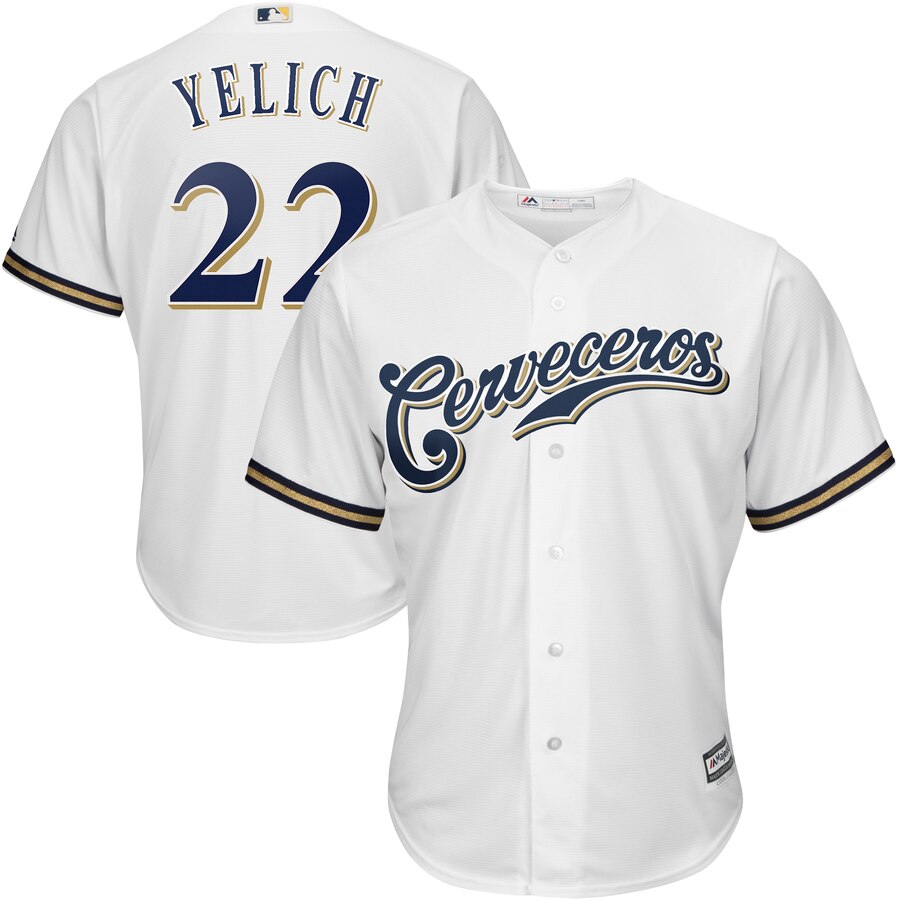 Christian Yelich Milwaukee Brewers Majestic Home Hispanic Heritage Cool Base Player Jersey White