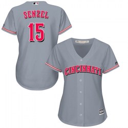 Cincinnati Reds 15 Nick Senzel Womens Replica Majestic Cool Base Road Gray Jersey