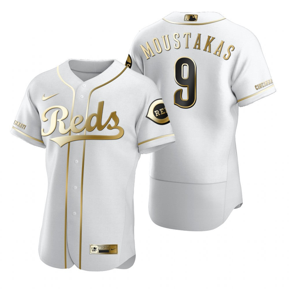 Cincinnati Reds 9 Mike Moustakas Mlb Golden Brandedition White Jersey Gift For Reds Fans