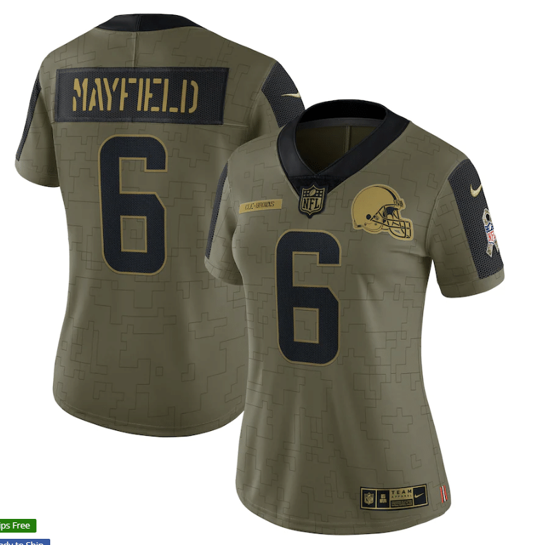 Cleveland Browns Baker Mayfield 6 Nfl Olive 2021 Salute To Service Player Women Jersey For Browns Fans