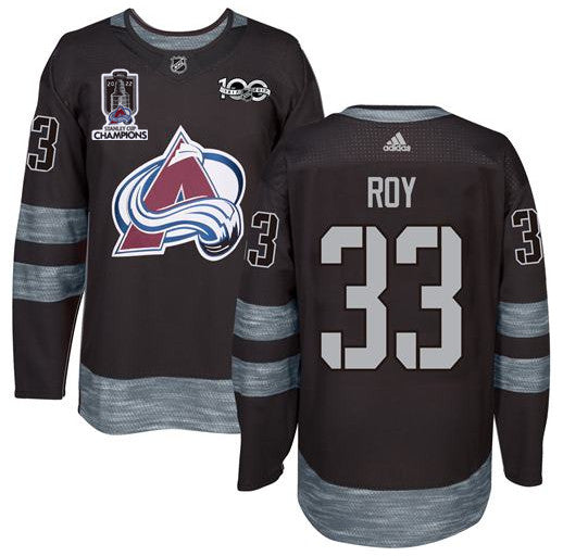 Colorado Avalanche 33 Patrick Roy Black 1917 2017 Black Stanley Cup Champions Patch 100th Anniversary Stitched Nhl Jersey