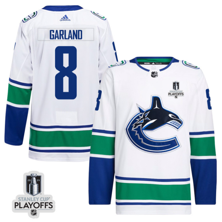 Conor Garland 8 Vancouver Canucks 2024 NHL Playoffs Patch Away Jersey Men, Whi