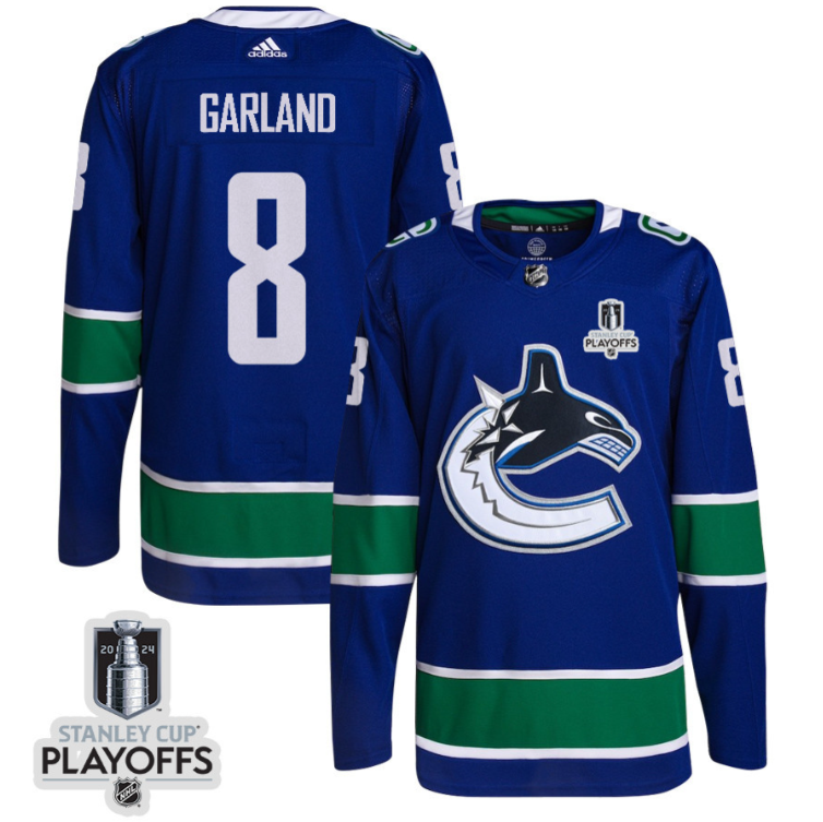 Conor Garland 8 Vancouver Canucks 2024 NHL Playoffs Patch Home Jersey Men, Blu
