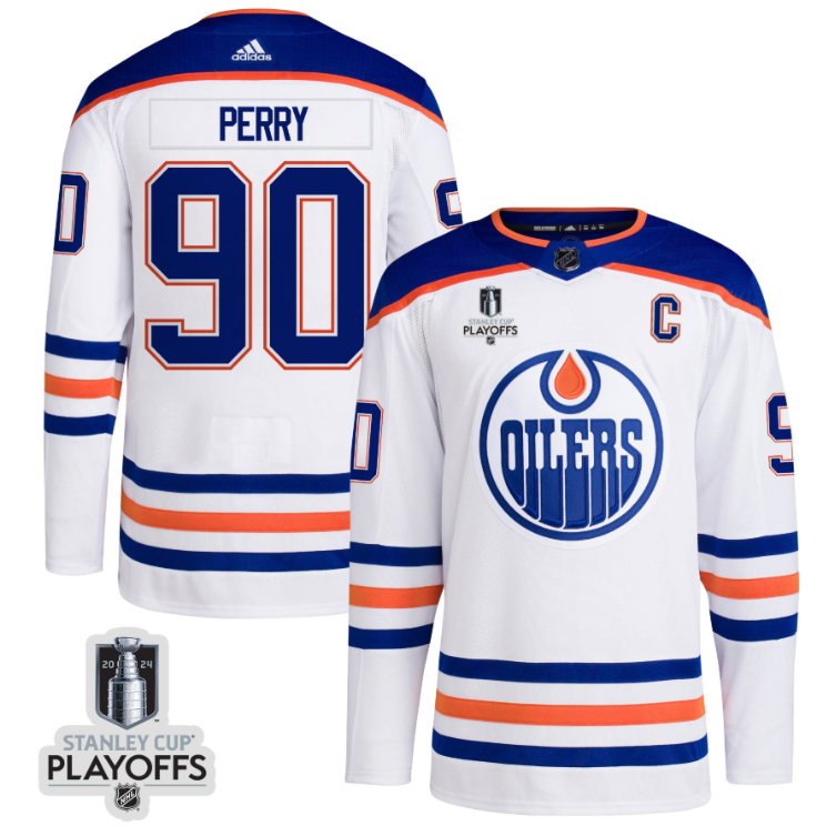 Corey Perry 90 Edmonton Oilers 2024 NHL Playoffs Patch Away Jersey Men, White