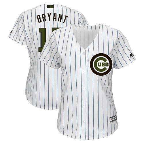 Cubs 17 Kris Bryant Whiteblue Strip 2018 Memorial Day Cool Base Womens Stitched Baseball Jersey