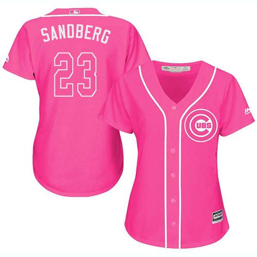 Cubs 23 Ryne Sandberg Pink Fashion Womens Stitched Baseball Jersey