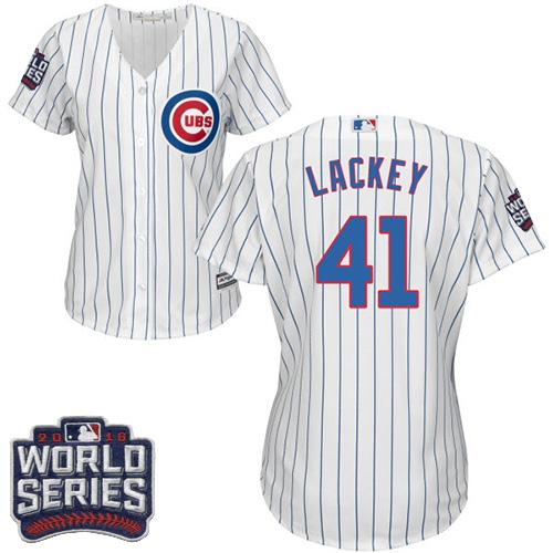 Cubs 41 John Lackey Whiteblue Strip Home 2016 World Series Bound Womens Stitched Mlb Jersey