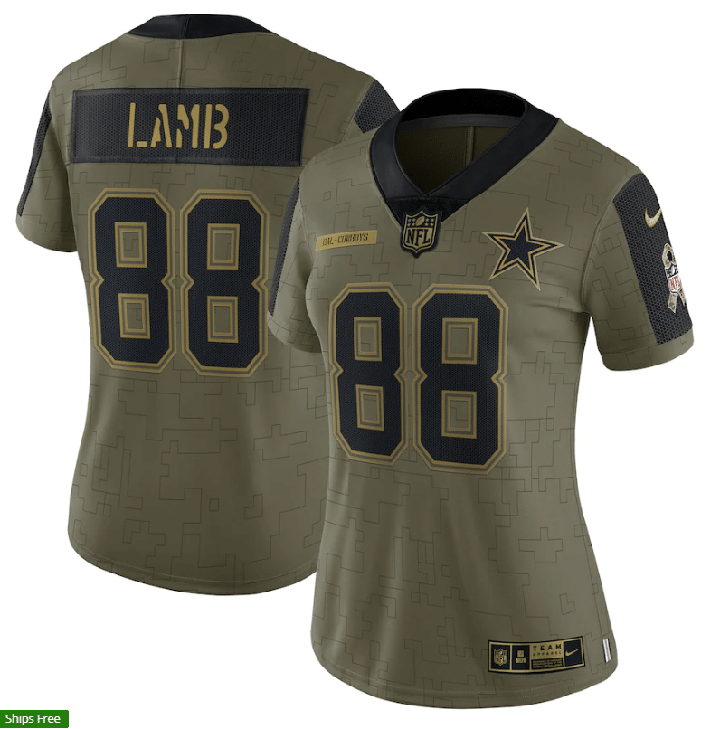 Dallas Cowboys Ceedee Lamb 88 Nfl Olive 2021 Salute To Service Retired Player Women Jersey For Cowboys Fans