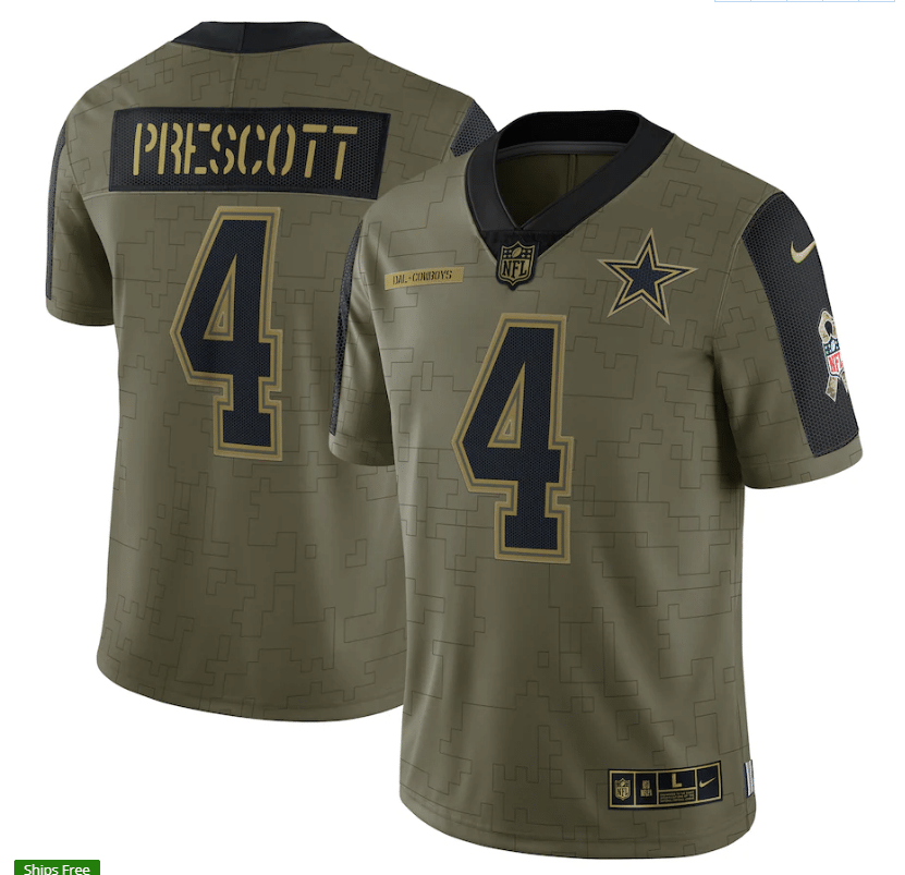 Dallas Cowboys Dak Prescott 4 Nfl Olive 2021 Salute To Service Retired Player Men Jersey For Cowboys Fans