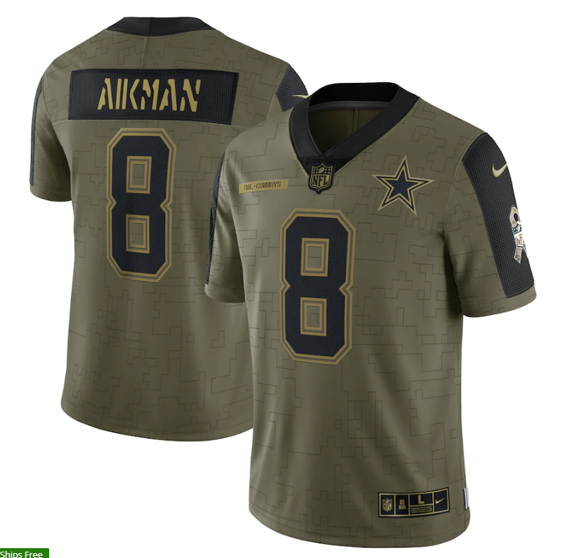 Dallas Cowboys Troy Aikman 8 Nfl Olive 2021 Salute To Service Retired Player Men Jersey For Cowboys Fans