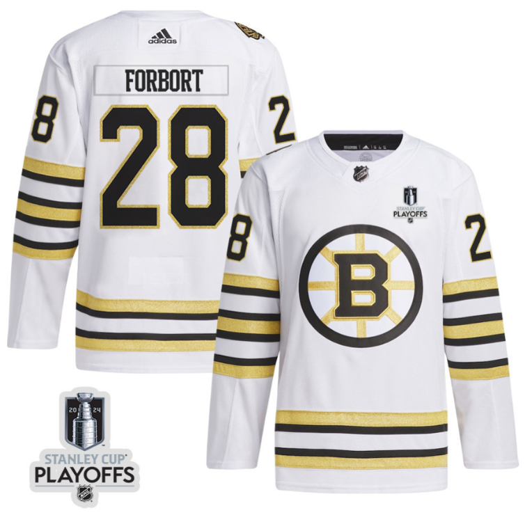 Derek Forbort 28 Boston Bruins 2024 NHL Playoffs Patch Away Jersey Men, White