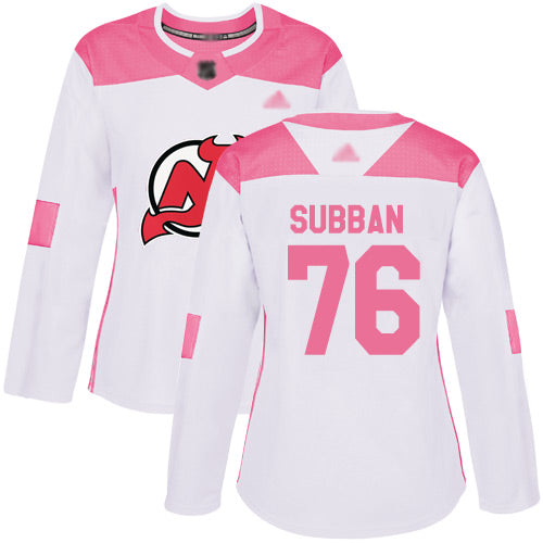 Devils 76 P K Subban White Pink Authentic Fashion Womens Stitched Hockey Jersey