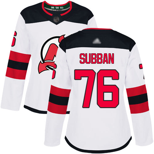 Devils 76 P K Subban White Road Authentic Womens Stitched Hockey Jersey