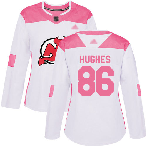 Devils 86 Jack Hughes White Pink Authentic Fashion Womens Stitched Hockey Jersey