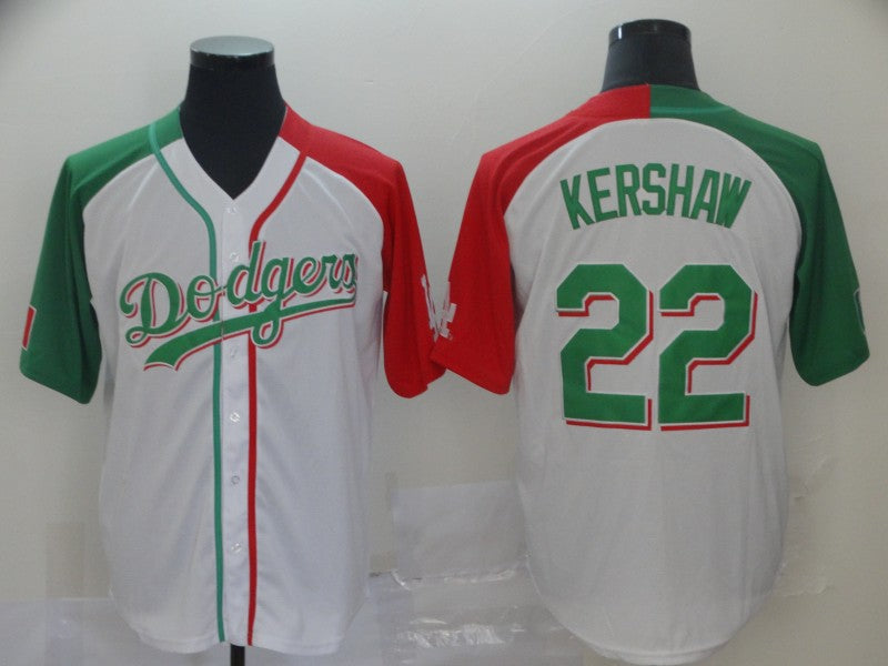Dodgers 22 Clayton Kershaw White Red Green Split Cool Base Stitched Baseball Jersey