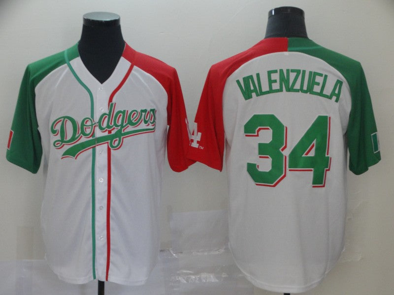 Dodgers 34 Fernando Valenzuela White Red Green Split Cool Base Stitched Baseball Jersey