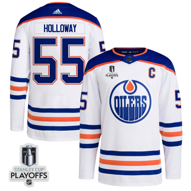 Dylan Holloway 55 Edmonton Oilers 2024 NHL Playoffs Patch Away Jersey Men, Whi