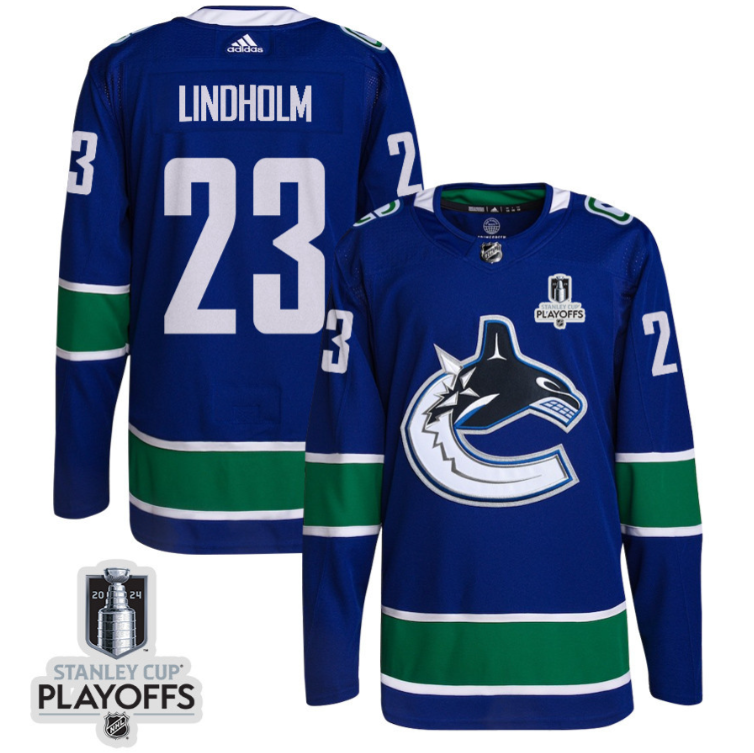Elias Lindholm 23 Vancouver Canucks 2024 NHL Playoffs Patch Home Jersey Men, B