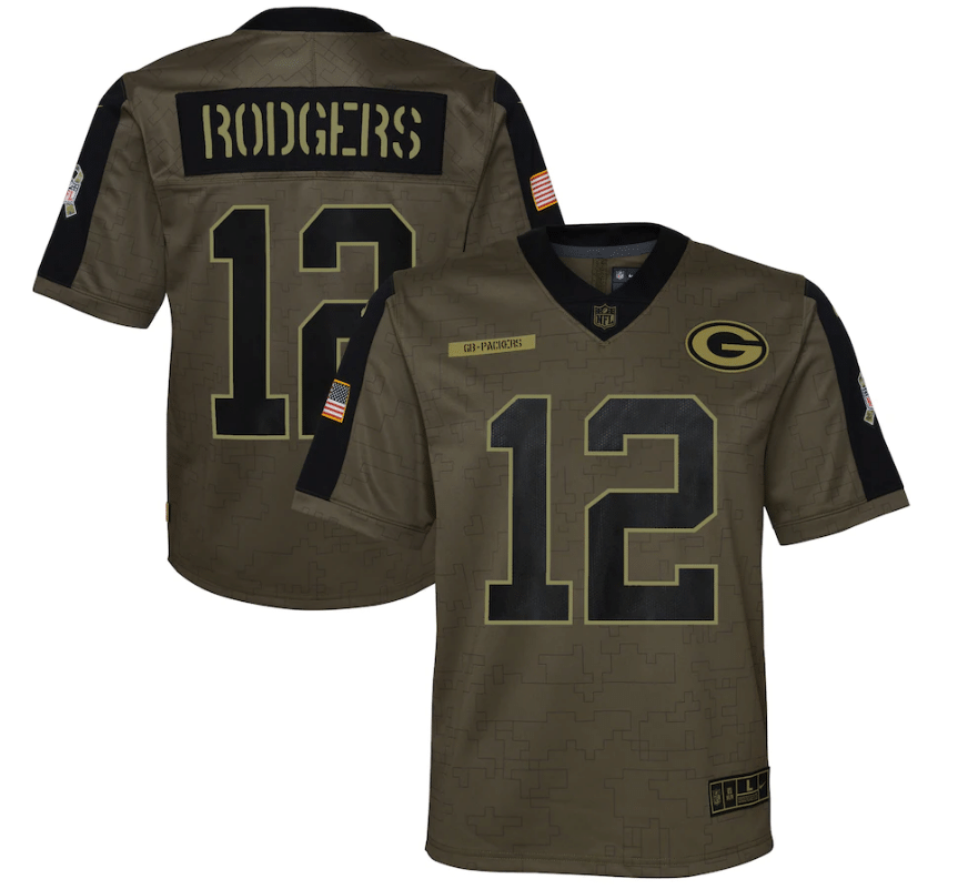 Green Bay Packers Aaron Rodgers 12 Nfl Olive 2021 Salute To Service Game Men Jersey For Packers Fans