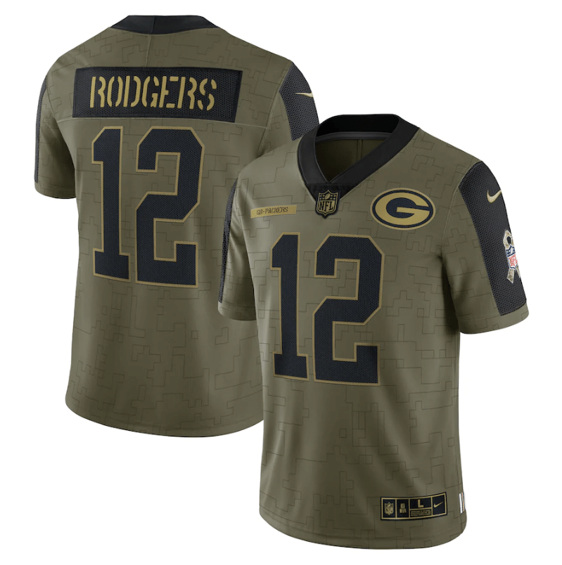 Green Bay Packers Aaron Rodgers 12 Nfl Olive 2021 Salute To Service Player Men Jersey For Packers Fans