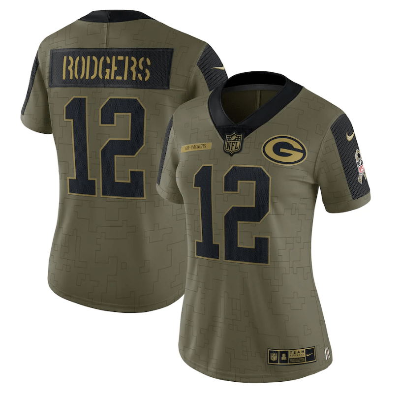 Green Bay Packers Aaron Rodgers 12 Nfl Olive 2021 Salute To Service Player Women Jersey For Packers Fans