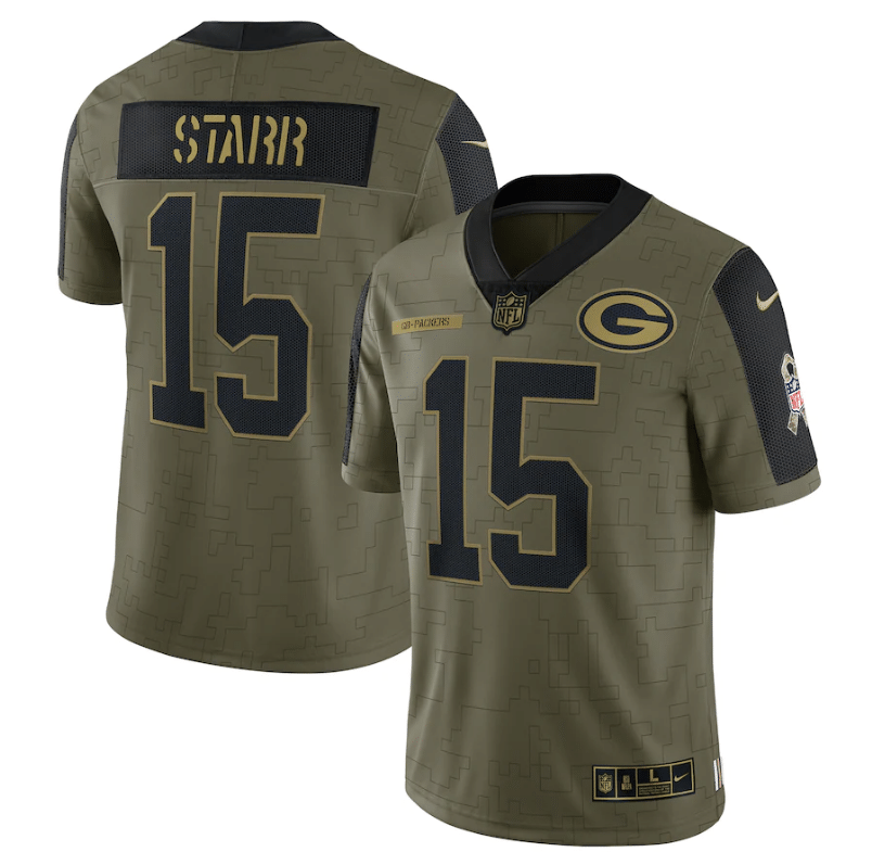 Green Bay Packers Bart Starr 15 Nfl Olive 2021 Salute To Service Player Men Jersey For Packers Fans