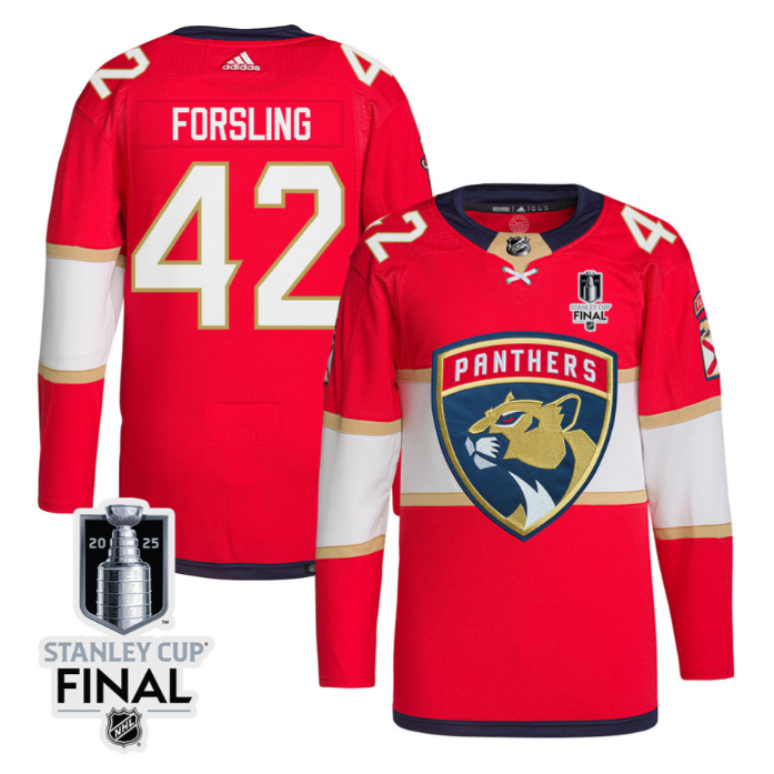 Gustav Forsling 42 Florida Panthers 2025 STANLEY CUP Final Patch Home Men Jersey