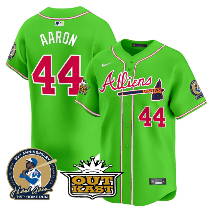 Hank Aaron Jersey #44 Atlanta Braves Atliens Patch Limited Stitched Bright Green