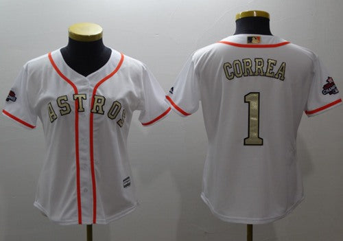 Houston Astros 1 Carlos Correa White 2017 World Series Champions Gold Program Cool Base Womens Stitched Baseball Jersey