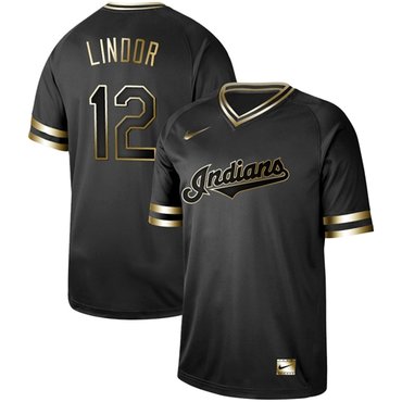 Indians 12 Francisco Lindor Black Gold Authentic Stitched Baseball Jersey