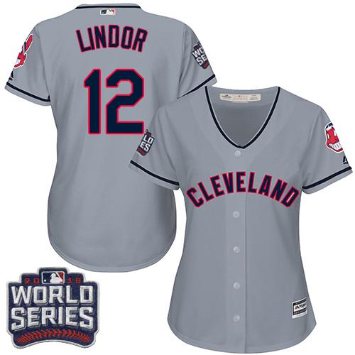 Indians 12 Francisco Lindor Grey 2016 World Series Bound Womens Road Stitched Mlb Jersey
