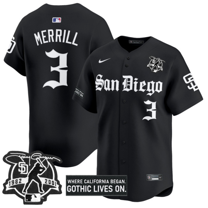 Jackson Merrill Jersey #3 San Diego Padres Gothic Edition Vapor Limited Stitched