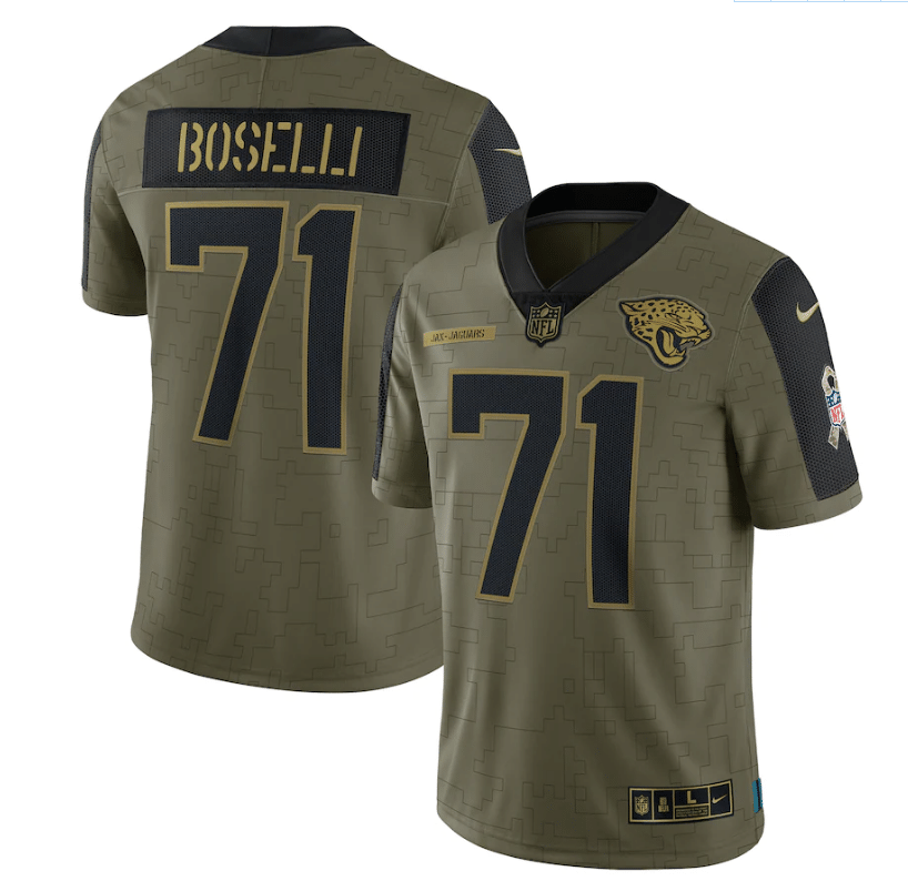 Jacksonville Jaguars Tony Boselli 71 Nfl Olive 2021 Salute To Service Retired Player Limited Men Jersey For Jaguars Fans