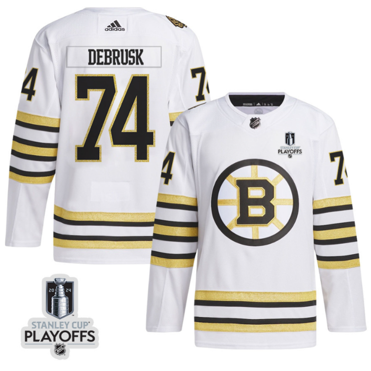 Jake DeBrusk 74 Boston Bruins 2024 NHL Playoffs Patch Away Jersey Men, White