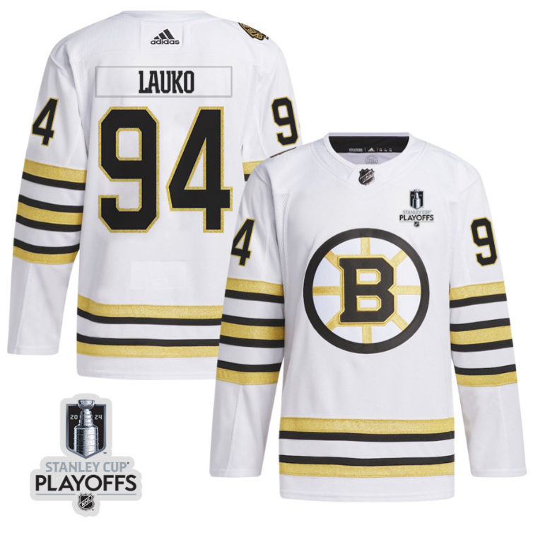 Jakub Lauko 94 Boston Bruins 2024 NHL Playoffs Patch Away Jersey Men, White (C