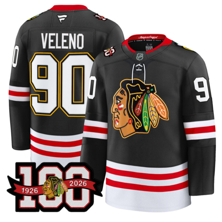 Joe Veleno Jersey #90 Chicago Blackhawks 100th Anniversary Stitched Black