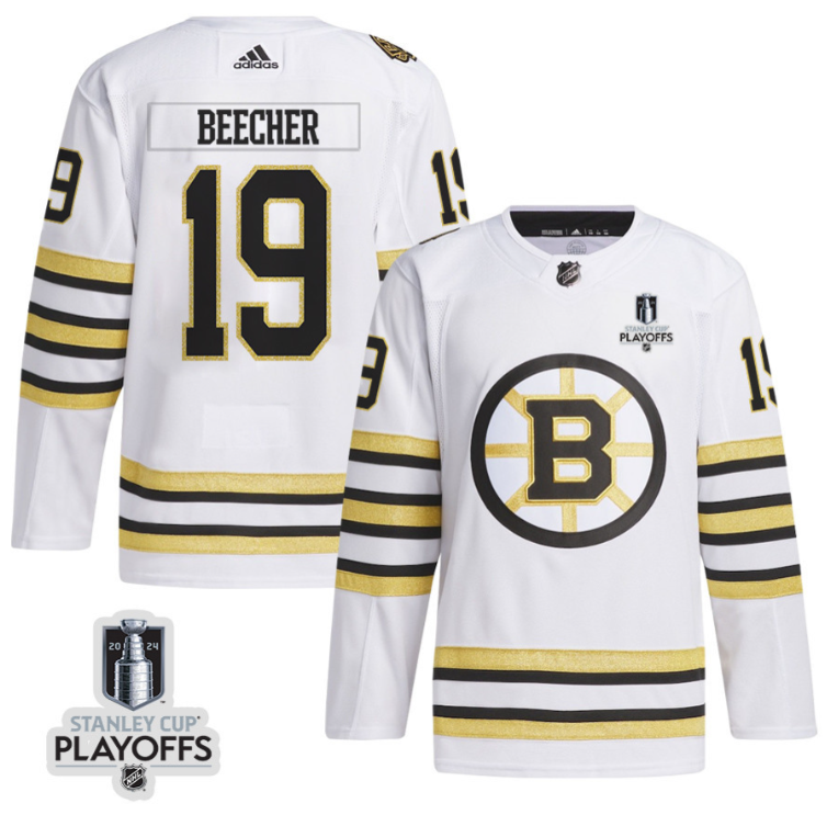 John Beecher 19 Boston Bruins 2024 NHL Playoffs Patch Away Jersey Men, White
