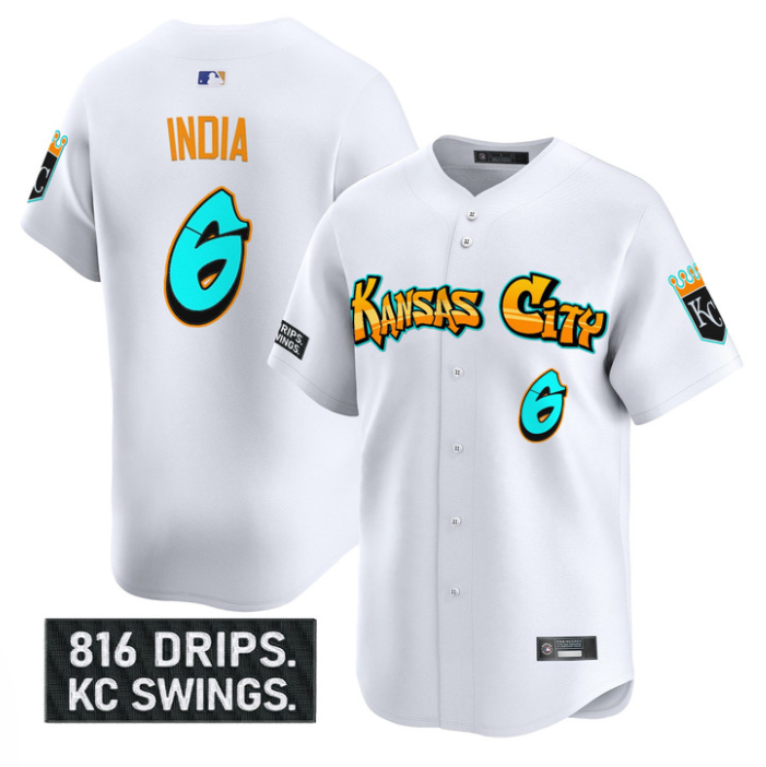Jonathan India Jersey #6 Kansas City Royals Graffiti Crown Drop Stitched White