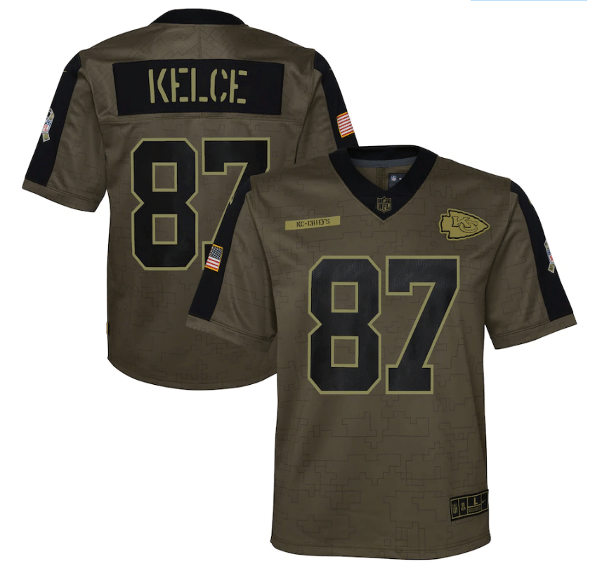 Kansas City Chiefs Travis Kelce 87 Nfl Olive 2021 Salute To Service Game Men Jersey For Chiefs Fans
