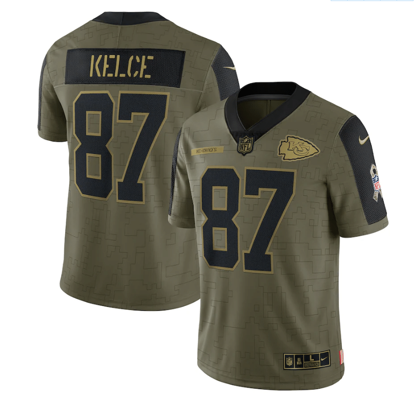 Kansas City Chiefs Travis Kelce 87 Nfl Olive 2021 Salute To Service Limited Player Men Jersey For Chiefs Fans