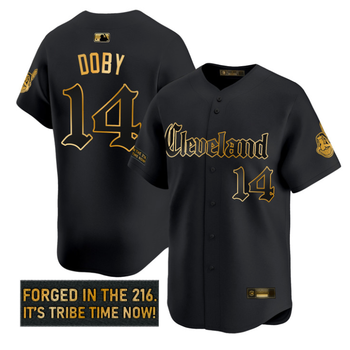 Larry Doby Jersey #14 Cleveland Indians Gothic Iron Edition Stitched Black Gold