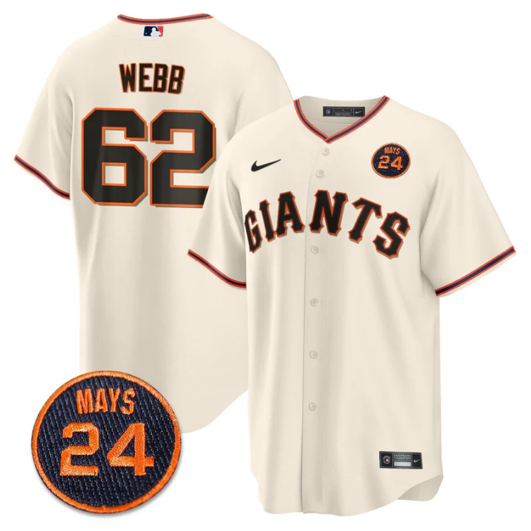 Logan Webb Jersey #62 San Francisco Giants #24 Willie Mays Patch 2024 Vapor Prem