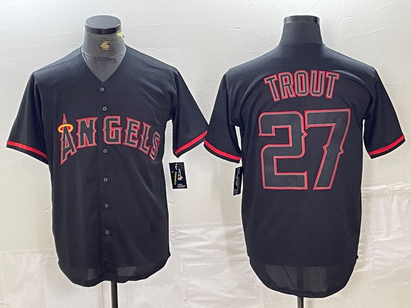 Los Angeles Angels #27 Mike Trout Lights Out Black Fashion Cool base Baseball Je