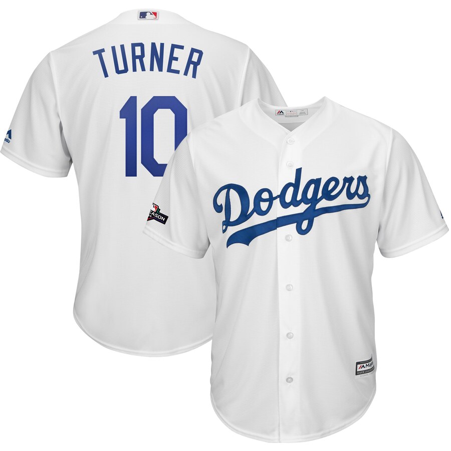 Los Angeles Dodgers 10 Justin Turner Majestic 2019 Postseason Home Official Cool Base Player White Jersey